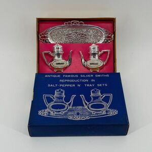 Antique Famous Silver Smiths Reproduction in Salt Pepper Shaker Tea Set and Tray